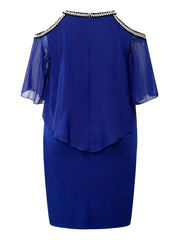 Contrast Lace Cold Shoulder Mesh Cloak Dress