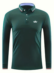 Men's Crown Print Polo Shirt Button Up Long Sleeve Shirt