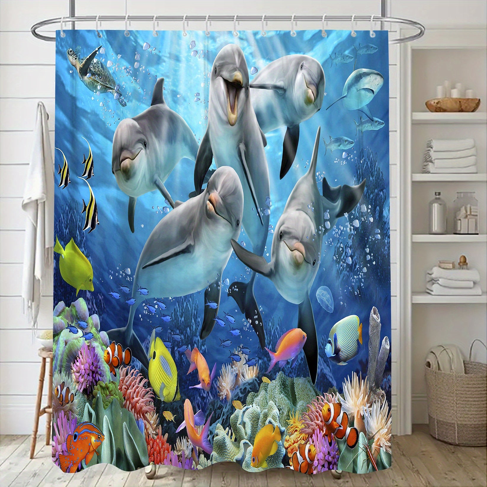 Waterproof Dolphin Shower Curtain Set with Non Slip Bathroom Rug