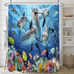 Waterproof Dolphin Shower Curtain Set with Non Slip Bathroom Rug