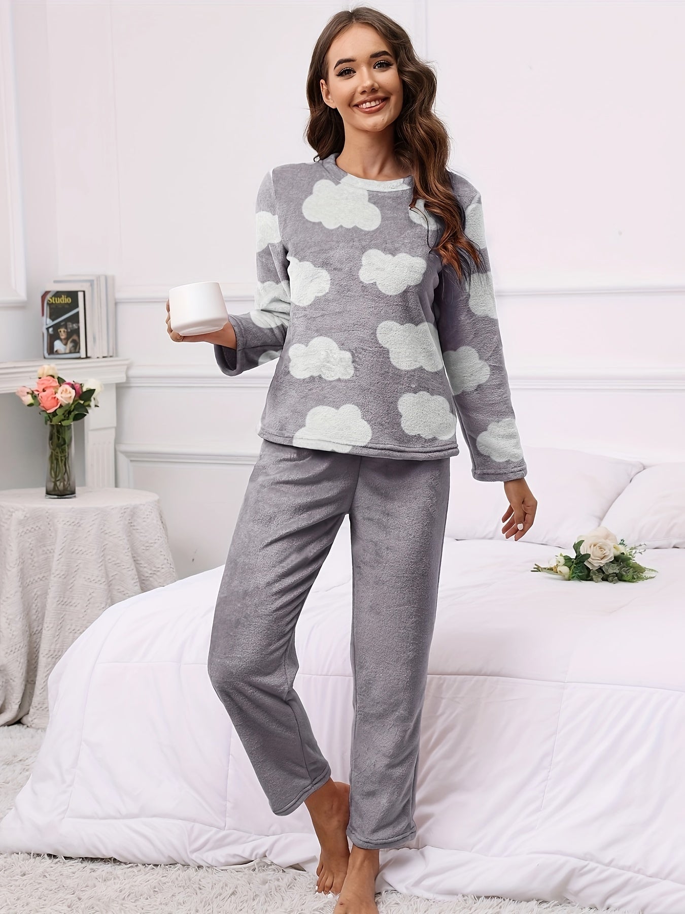 Cloud Print Pajama Set Long Sleeve Top & Flannel Pants