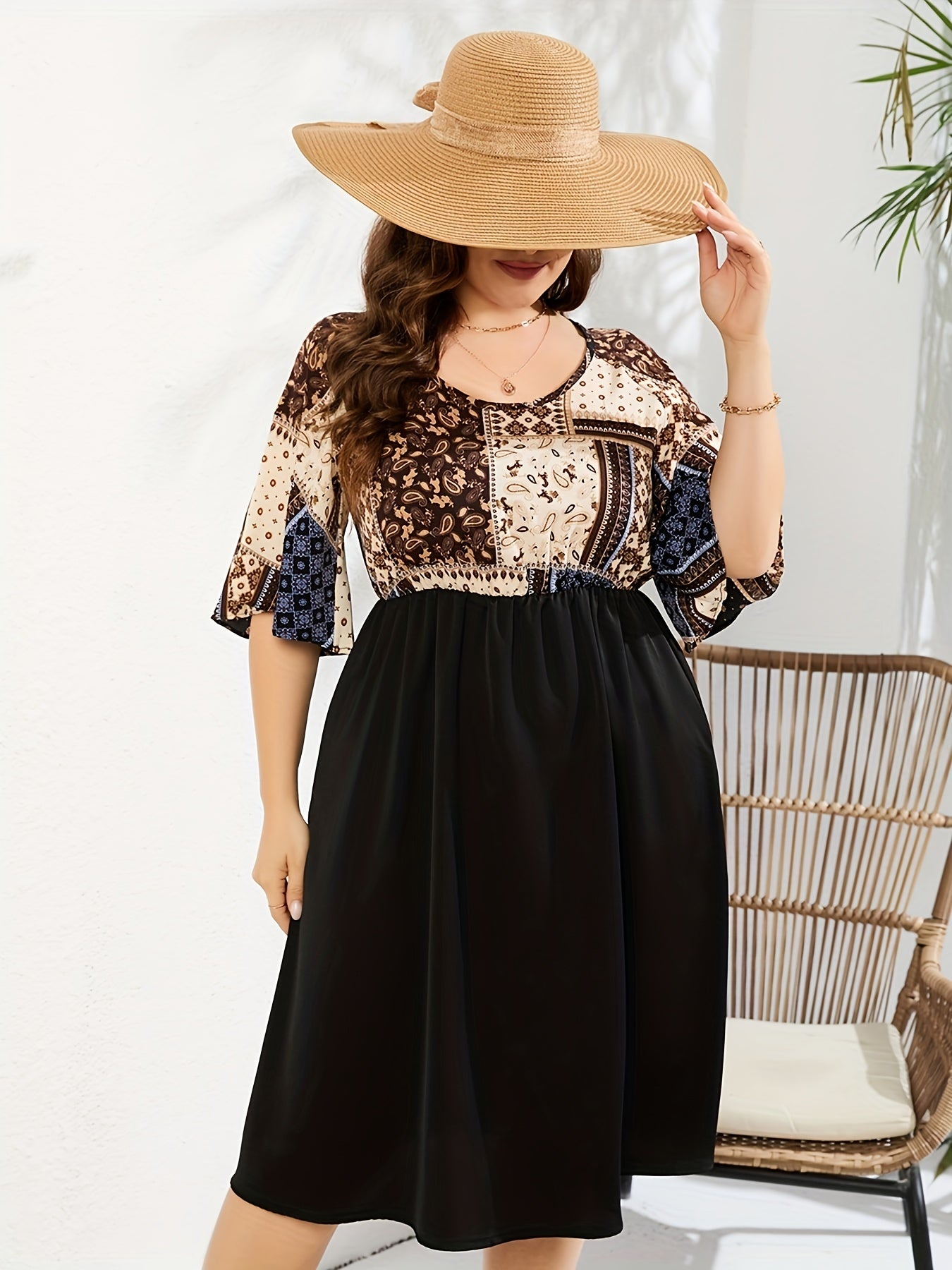 Colorblock Print Short Sleeve Round Neck Ruched Dress