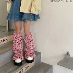 Leopard Fuzzy Leg Warmers Ruffle Knee High Socks Women's