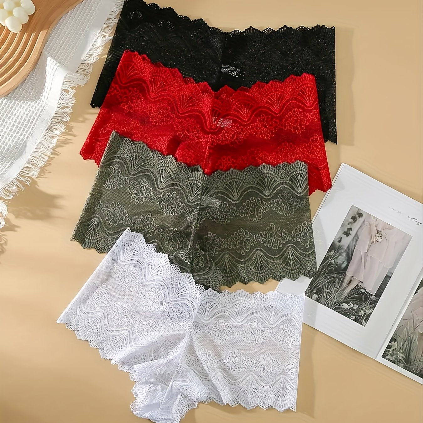 4 Pack Plus Size Lace Boyshorts Set High Waisted Floral Panties