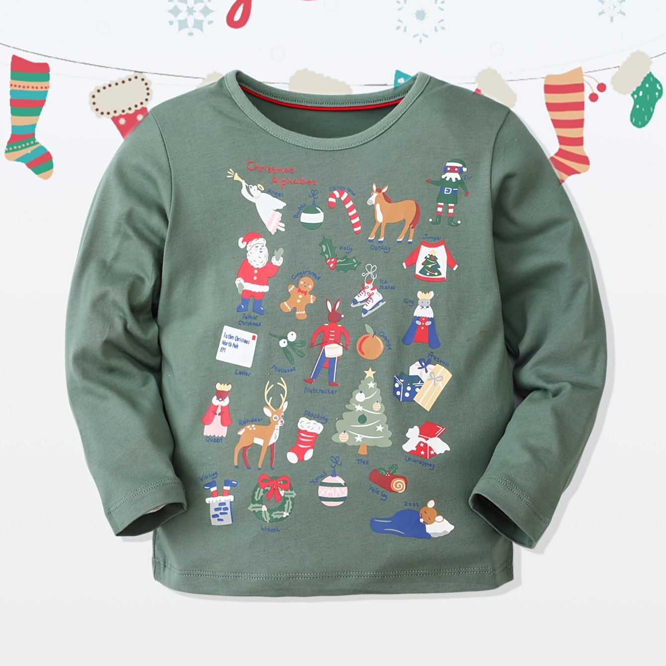 Christmas Print Boys T-shirt Long Sleeve Crew Neck Holiday Clothes
