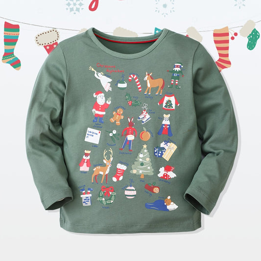 Christmas Print Boys T-shirt Long Sleeve Crew Neck Holiday Clothes