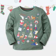 Christmas Print Boys T-shirt Long Sleeve Crew Neck Holiday Clothes