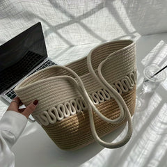 Large Capacity Straw Beach Bag Khaki Color