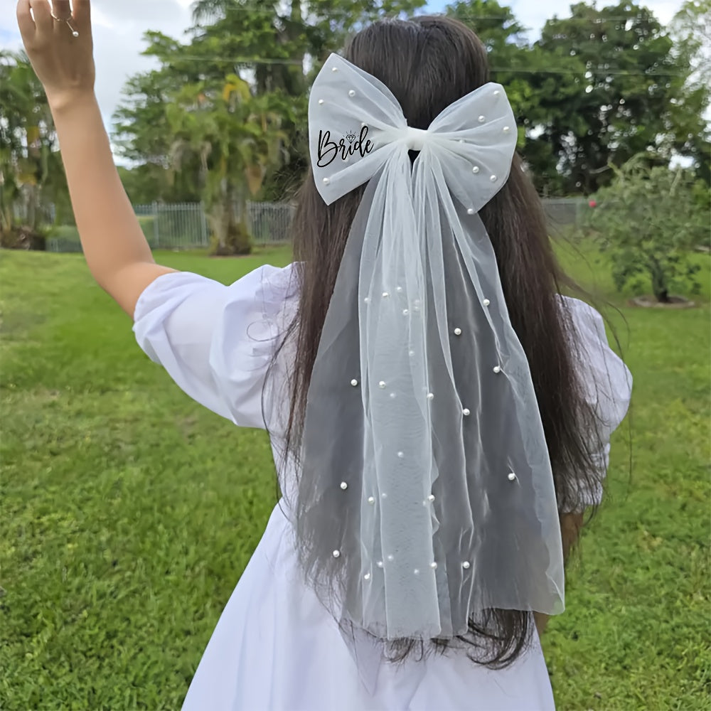 Pearl Bow Hair Accessory with Short Veil for Brides