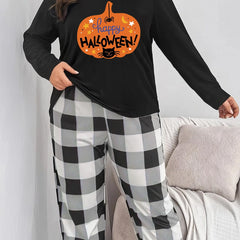 Halloween Pajama Set Women's Spider & Cat Print Top & Plaid Pants