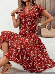 Floral Print V Neck Slim Dress Casual for Spring & Fall