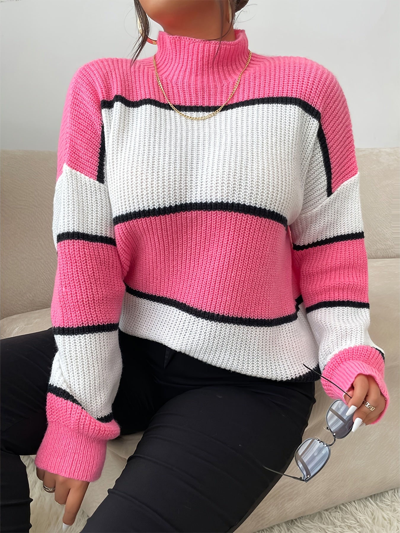 Colorblock Long Sleeve Sweater High Neck Casual Top