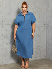 Denim Polo Neck Maxi Dress with Pockets