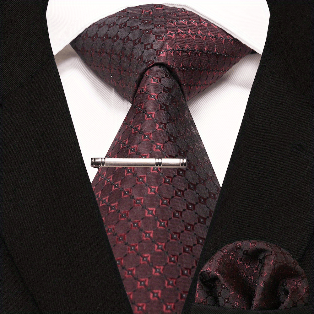 3pcs Dot Plaid Tie & Pocket Square Set w/ Tie Clip - Party & Business Men