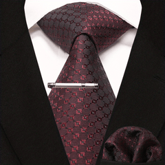 3pcs Dot Plaid Tie & Pocket Square Set w/ Tie Clip - Party & Business Men
