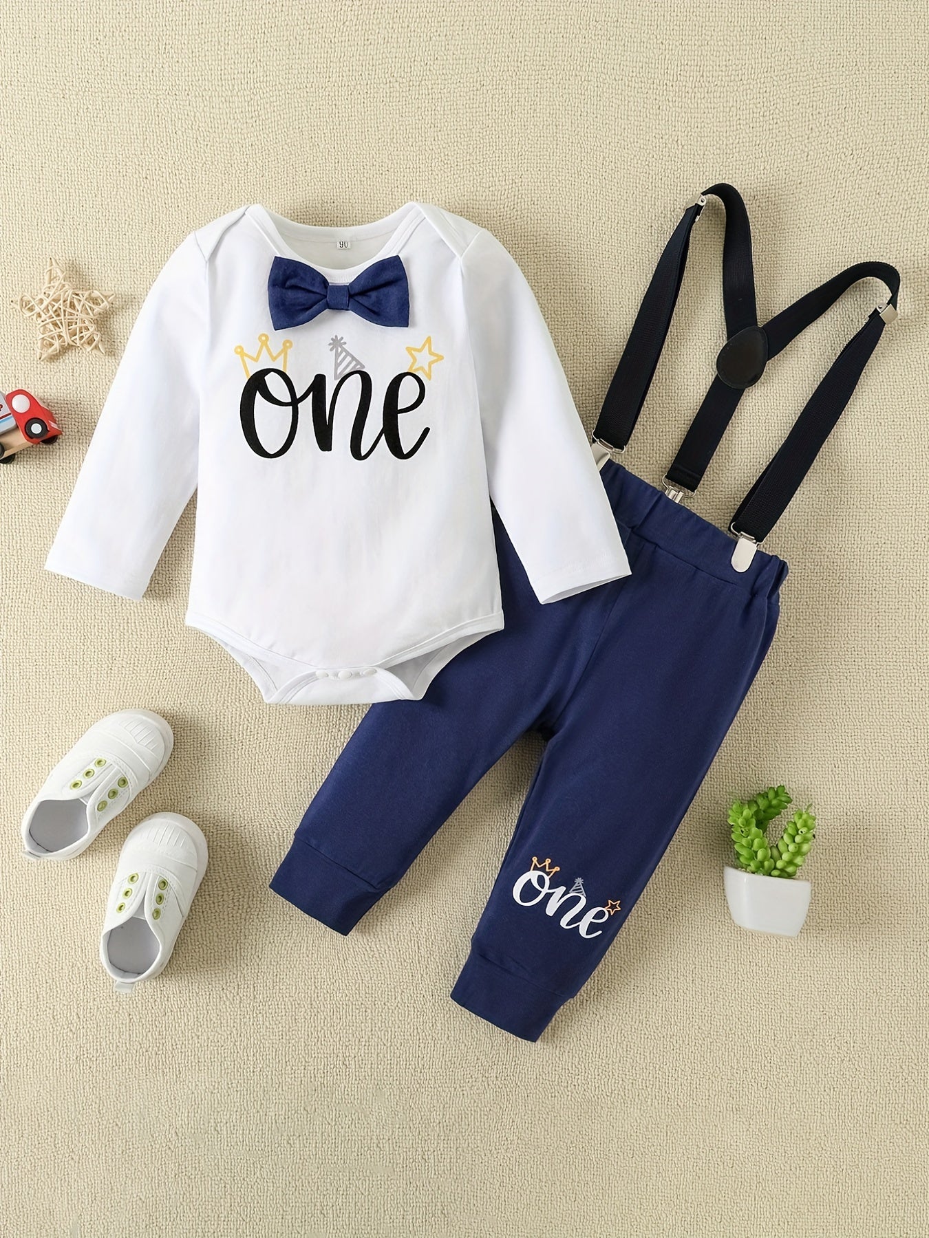 Letter Print Long Sleeve Romper & Overall Pants Set
