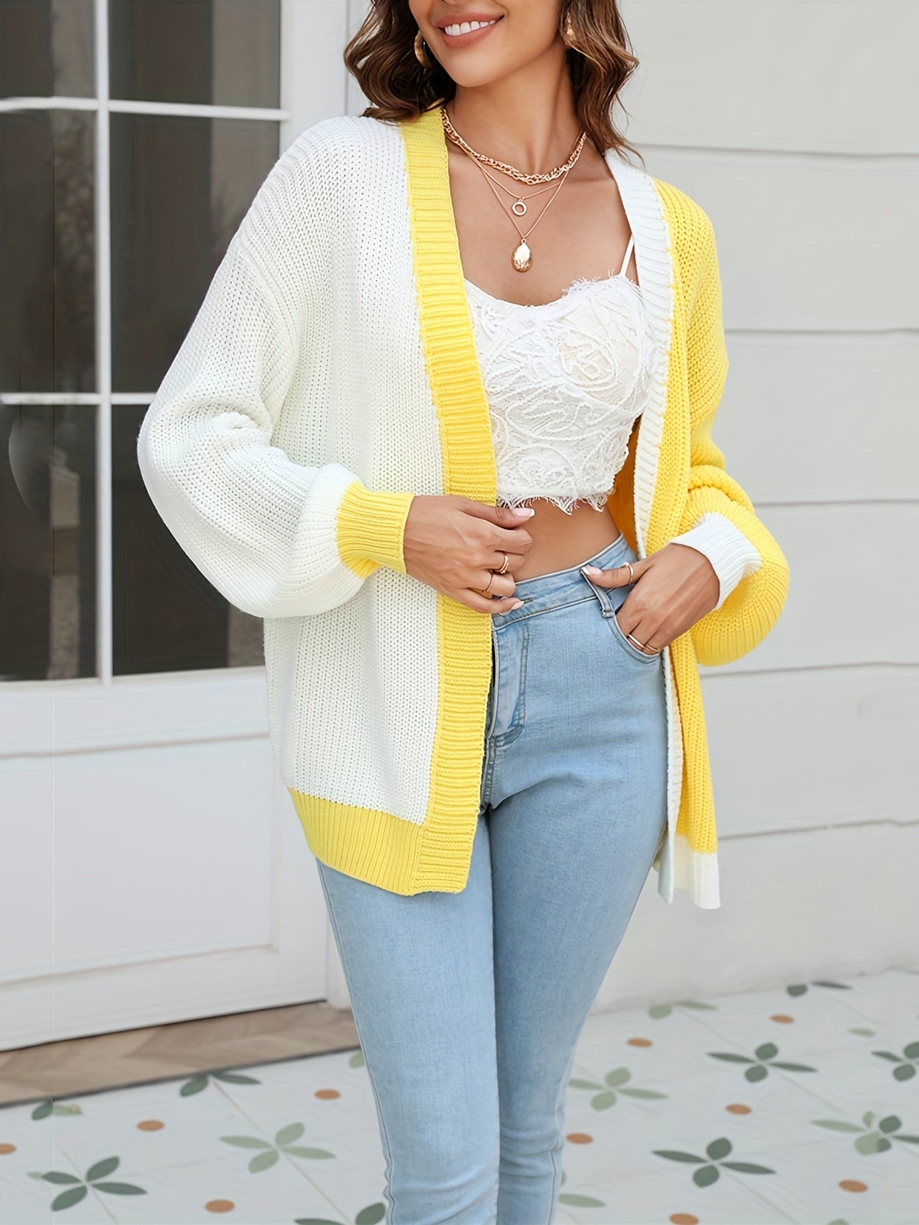 Colorblock Lantern Sleeve Cardigan