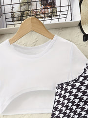 Girls Cropped T-shirt & Houndstooth Dress Set for Summer Party