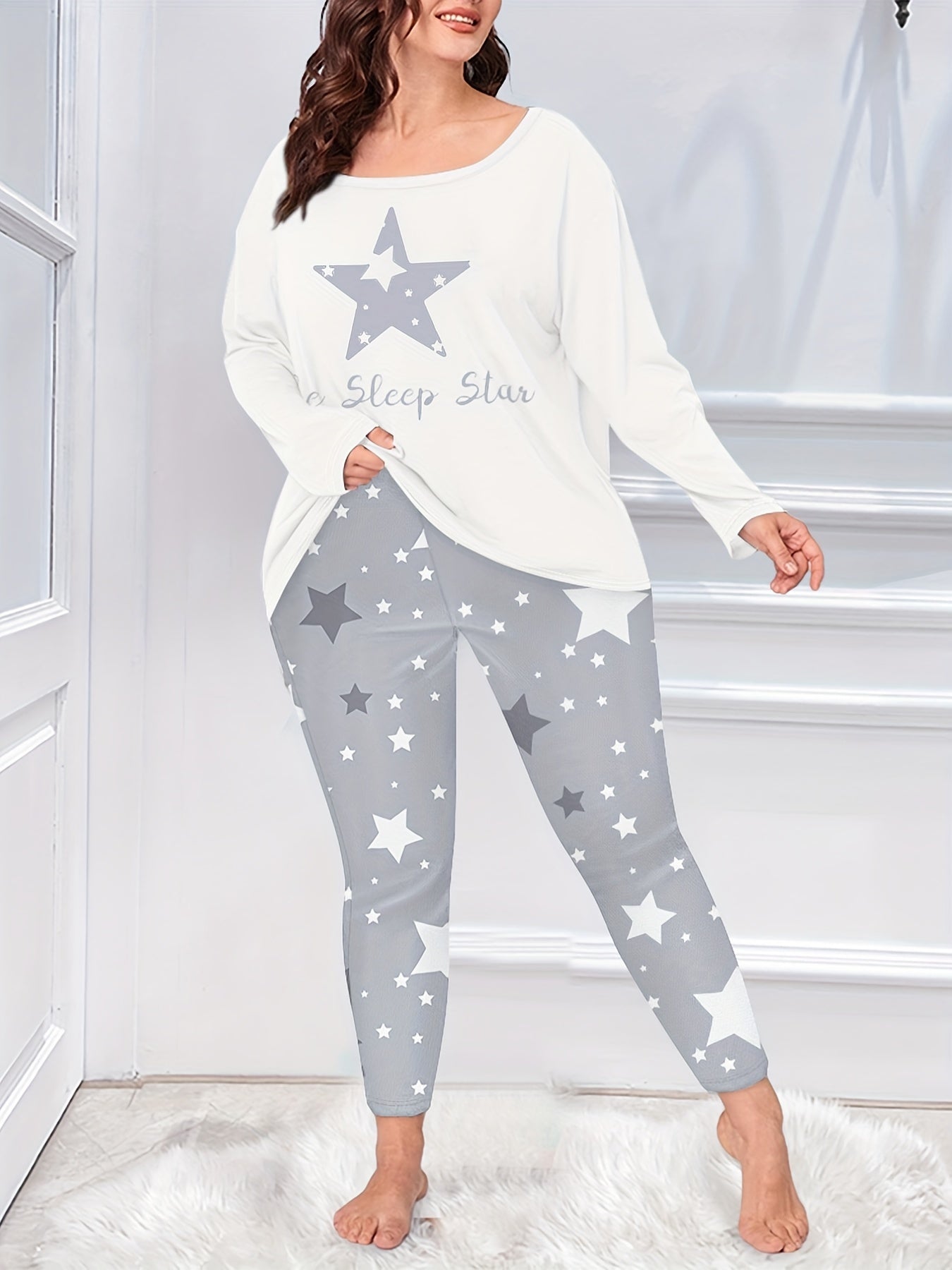 Star Print Pajamas Set Round Neck Top & Pants