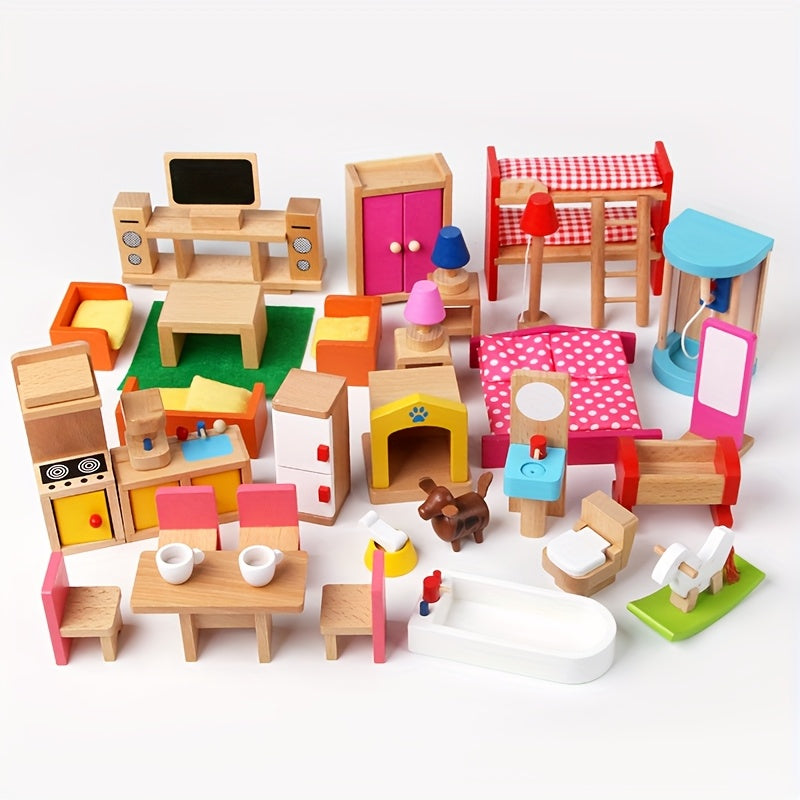 Wooden Children's Bedroom Decor Toy 7pcs Realistic Dollhouse Family Room Set