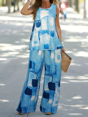 Patchwork Print Two piece Set Casual Sleeveless Tank Top & Wide Leg Pants