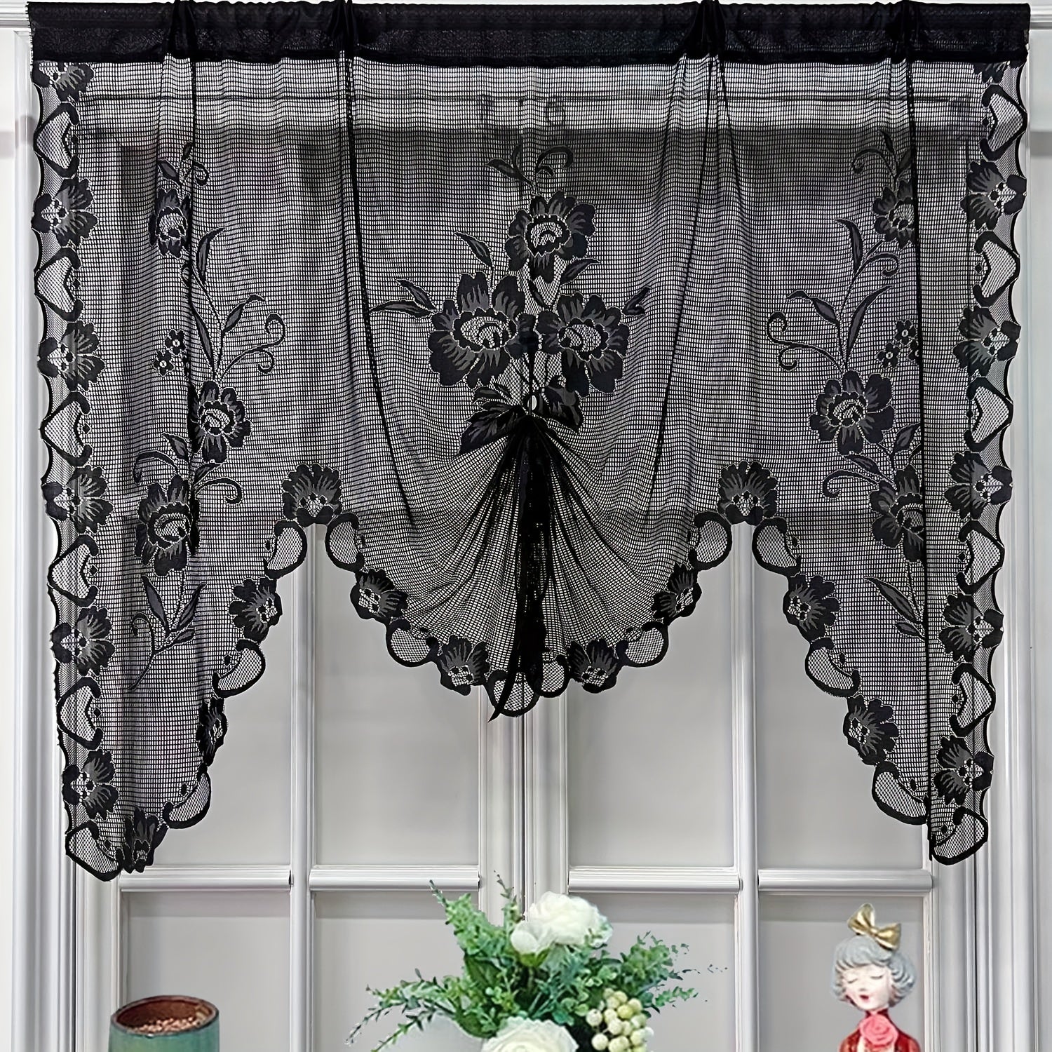 Floral Wavy Short Kitchen Curtains Adjustable Height Straps Ties Cafe