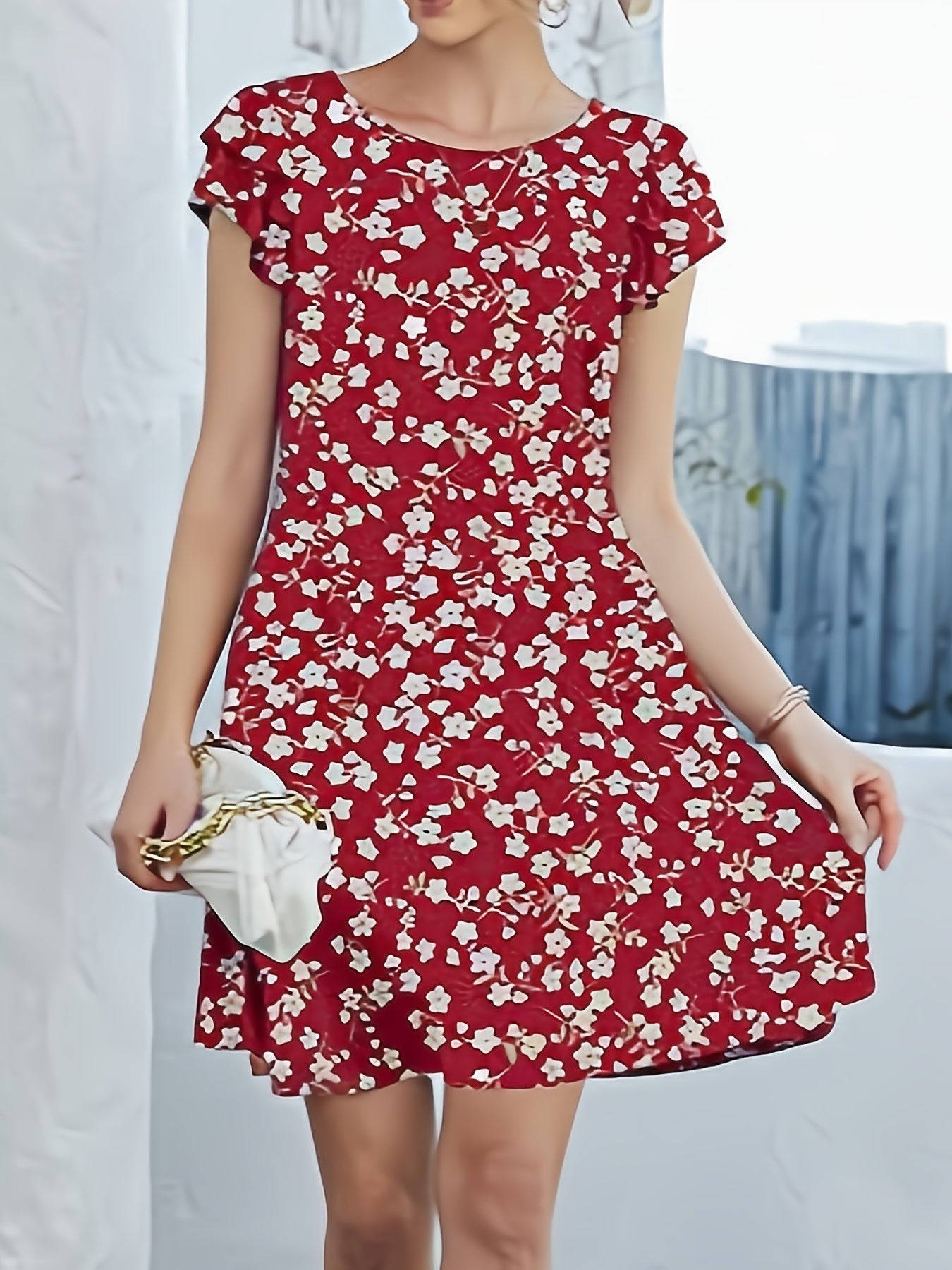 Floral Print Layered Sleeve Round Neck Mini Dress