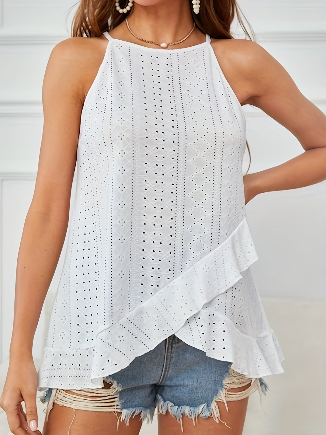 Eyelet Asymmetrical Halter Neck Top Solid Sleeveless Halter Top