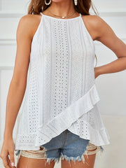 Eyelet Asymmetrical Halter Neck Top Solid Sleeveless Halter Top