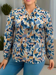 Casual Blouse Women's Plus Geometric Print Lantern Sleeve Tie Front