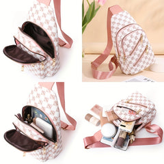 Plaid Pattern Sling Bag Zipper Front Chest Purse PU Leather Crossbody Bag