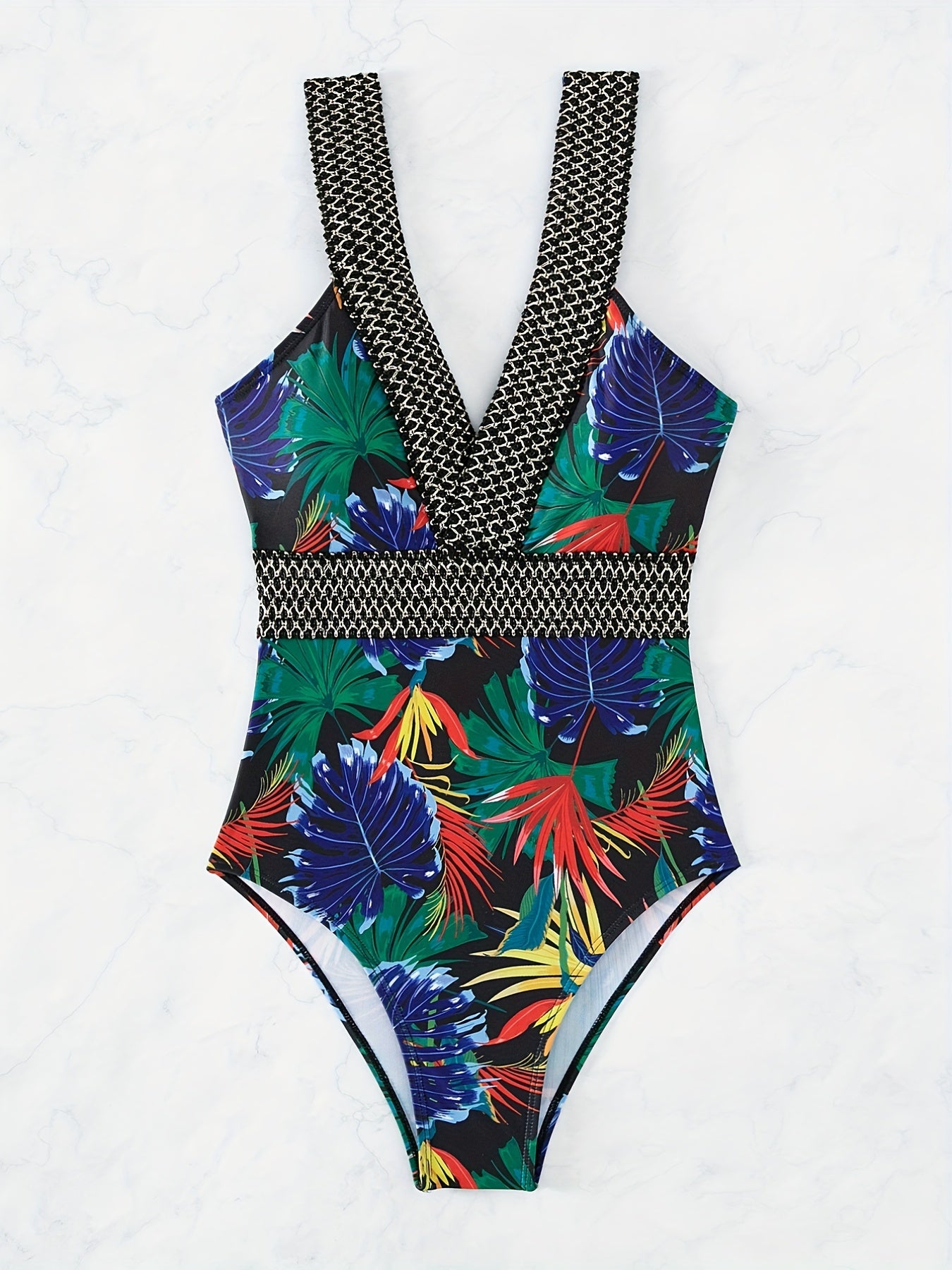 Leaf Print Deep V Neck One Piece Swimsuit for Women