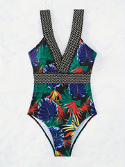 Leaf Print Deep V Neck One Piece Swimsuit for Women