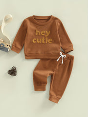 Baby Boy's Waffle Set Embroidered Sweatshirt & Trousers