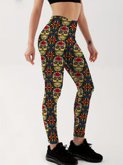 Skull Graphic Seamless Fitness Pants For Halloween High Elastic Leggings