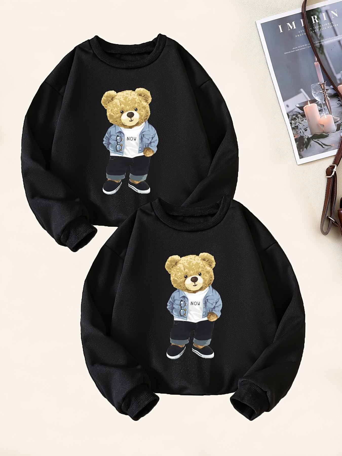 2pcs Bear Print Boys Casual Pullover Sweatshirt Long Sleeve Tops