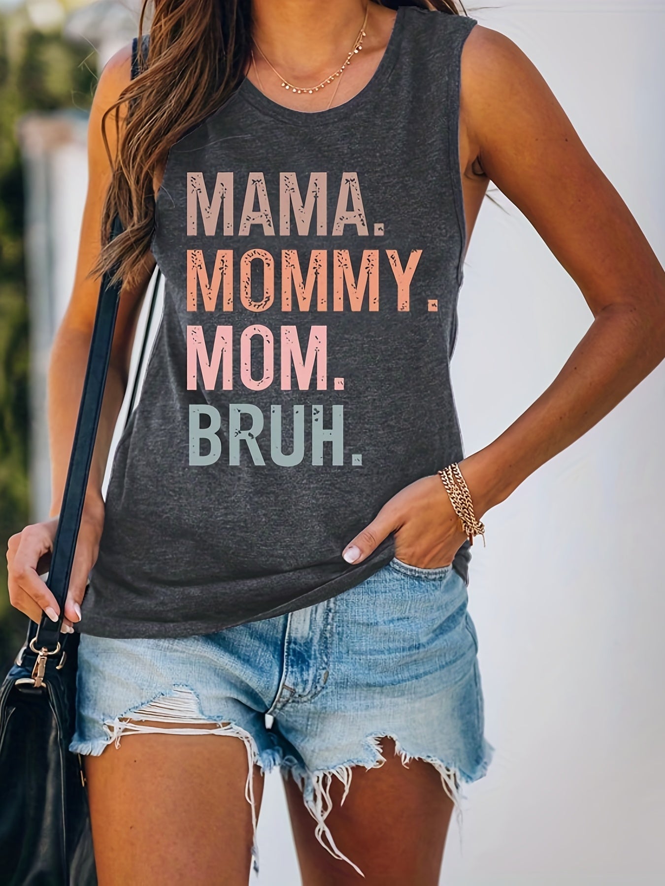 Mama Mommy Mom Bruh Graphic T Shirt Crew Neck Sleeveless Casual Every Top Women