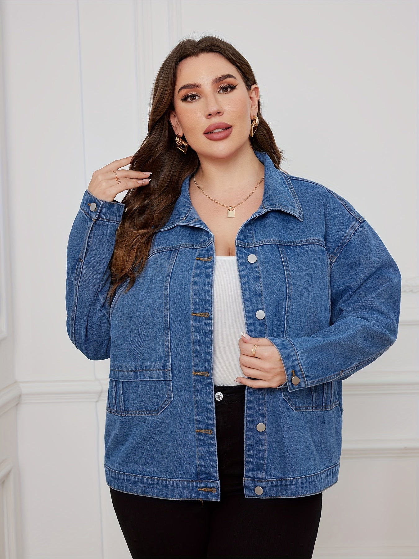 Casual Denim Top Women's Plus Solid Pipping Long Sleeve