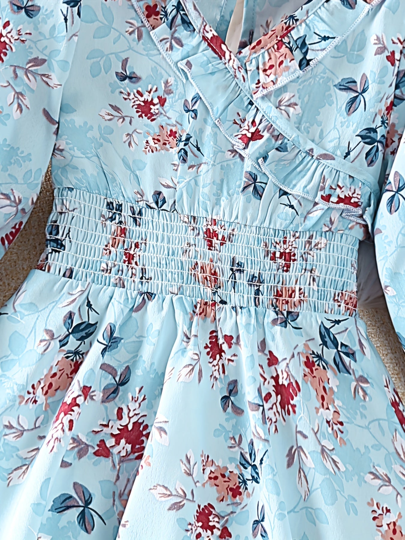 Girls Shirred Waist V Neck Flowers Dress for Spring and Autumn