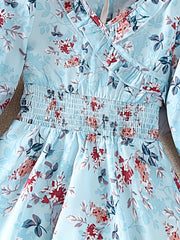 Girls Shirred Waist V Neck Flowers Dress for Spring and Autumn