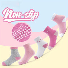 5 Pairs Baby Girls Non Slip Cotton Heart Print Crew Socks