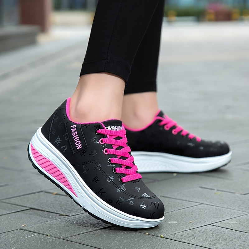 Women's Letter Printed Chunky Sneakers Lightweight Lace Up