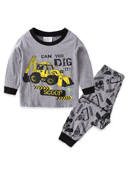 Boys Excavator Print Pajamas Set - Long Sleeve Top & Pants