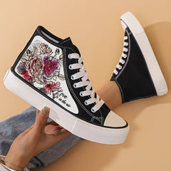 Women's Flower Graphic High Top Canvas Sneakers for Lightweight Flatform Comfort