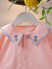 Girls Flower Embroidered Button Long Sleeve Shirt