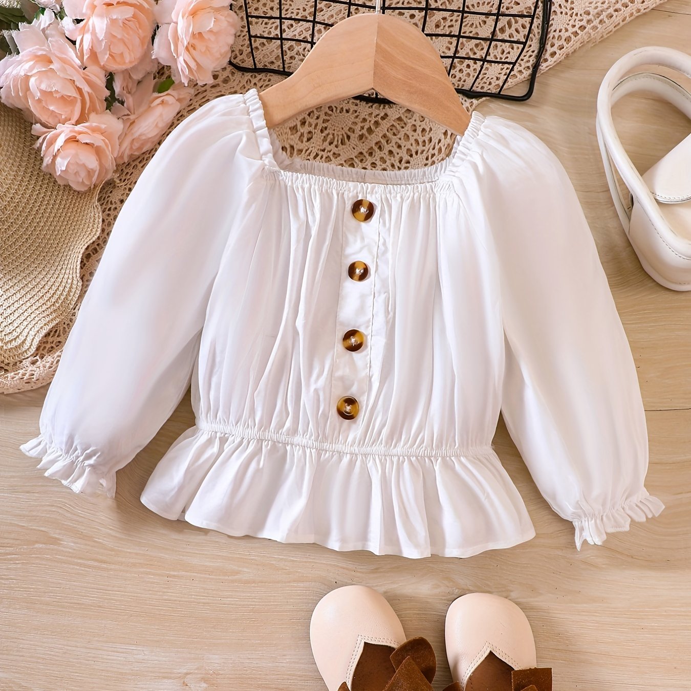 Ruffle Cuffs Button Square Neck Puff Sleeve Shirt