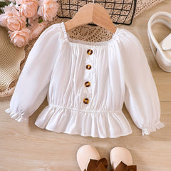 Ruffle Cuffs Button Square Neck Puff Sleeve Shirt