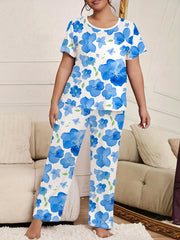 Floral Print Plus Size Pajama Set - Short Sleeve Round Neck T shirt & Pants