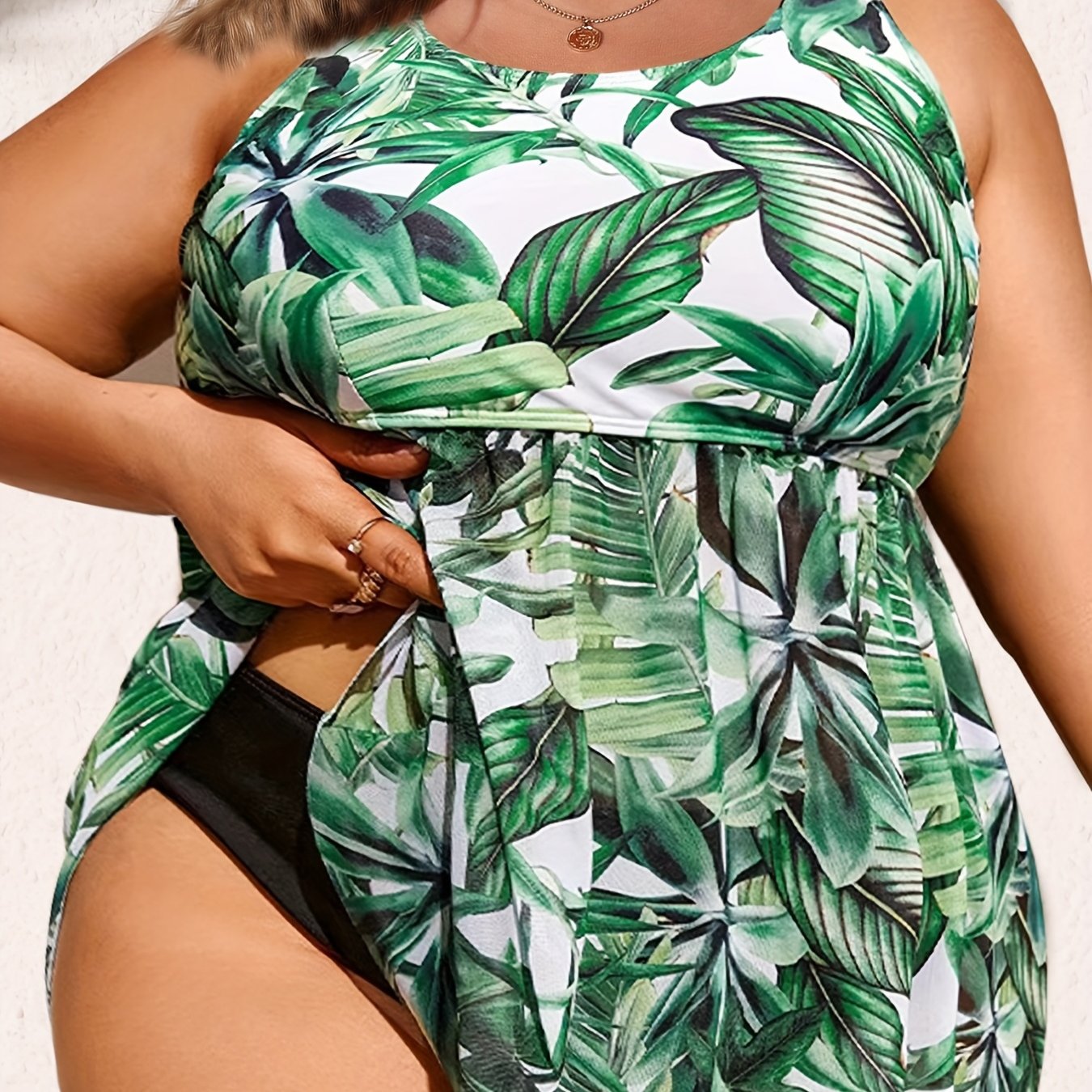 Tropical Print Tankini Set Round Neck Swimsuit Two Piece