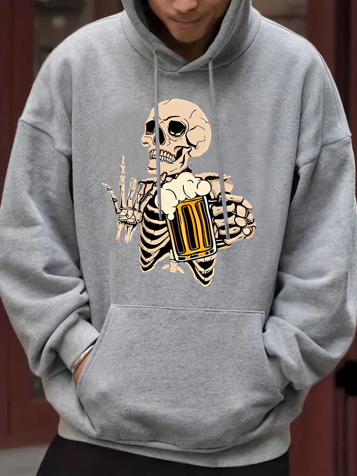 Skeleton Beer Print Hoodie Men's Pullover Sweatshirt